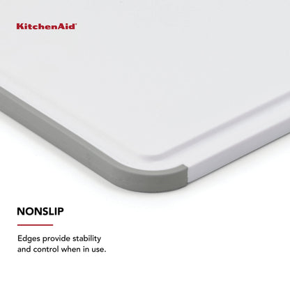 KitchenAid Classic Nonslip 2-Piece Plastic Cutting Board Set with Perimeter Trench and Non Slip Edges, 2-Piece Kitchen Chopping Boards, Dishwasher-Safe, White and Gray