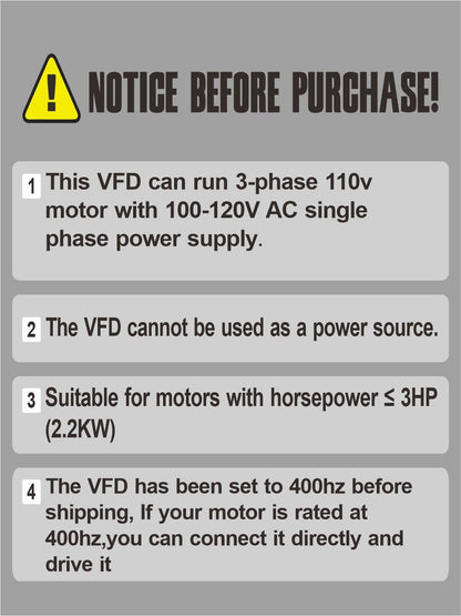 HY HUANYANG VFD Converter,Variable Frequency Drive,110v Single Phase Input to 110v Three Phase Output (for power ≤3HP three-Phase Motor/Spindle) 0-400hz Speed Rotation (HY Series-110v 2.2kW 3HP Model)