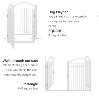 BHG Metal No-Assembly Freestanding Dog Gate with Door Walk Through, Extra Wide 96", Extra Tall 32" Pet Gate, Accordion Puppy Folding Playpen Dog Fence, with 2PCS Support (White, 4 Panels)