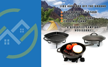 Dutch Oven Lid Lifter and Stand, Cast Iron Pot Stand, Multifunctional Camping Accessory, Includes Red Silicone Mitts