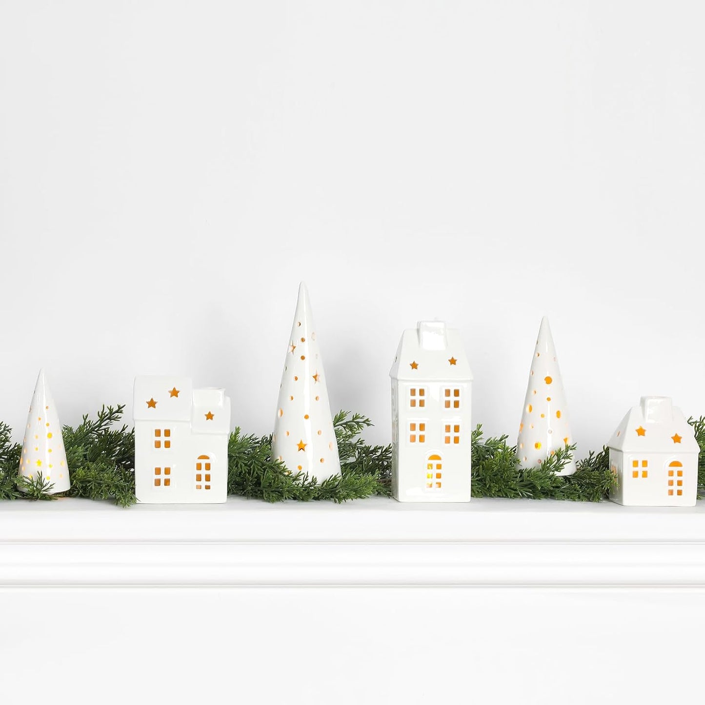 Newtay Ceramic LED Christmas Village Set - 3 LED Houses & 3 Porcelain Trees | White Decor for Tabletop & Mantel