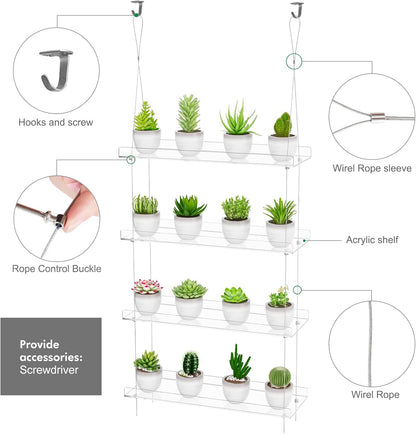 OtNiap 4-TierClear 16 Inch Plant Shelves, Height Adjustable Hanging Acrylic Indoor Wall Hanging Plant Stand Flower