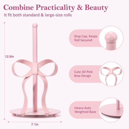 Shinlar Pink Bow Paper Towel Holder Coutertop - Bow Accent Paper Towel Holder, Pink Kitchen Decor and Accessories, Coquette Room Decor Girly Gifts for Women, 3D Handmade Pattern, Weighted Base