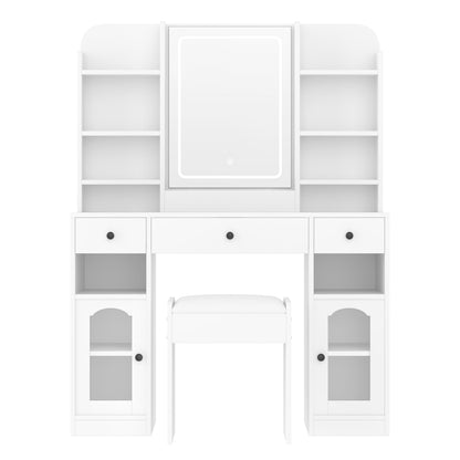 Merax 43.2" Vanity Desk with Mirror and Lights, Glass Top Vanity with RGB Glass Light Cabinets, Dressing Table with 3 Drawers, Storage Shelves and Stool