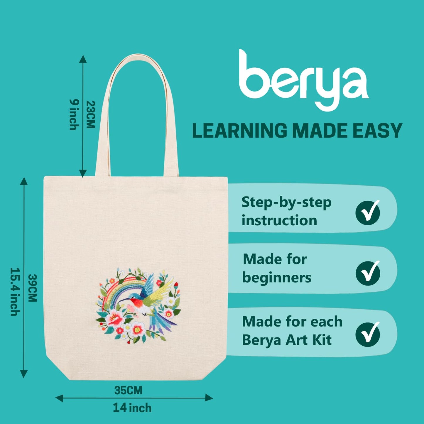 BERYA Embroidery Starter Kit for Beginners, Canvas Tote Bag with Pre-Printed Floral Pattern, DIY Cross Stitch Kit Including Hoop, Color Threads, Tools and Instructions (Fly Song)