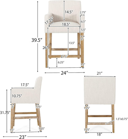 Merax 26" Fabric Upholstered Wood Counter Stools with Backrest and Armrests,Set of 2,Classic Barstools