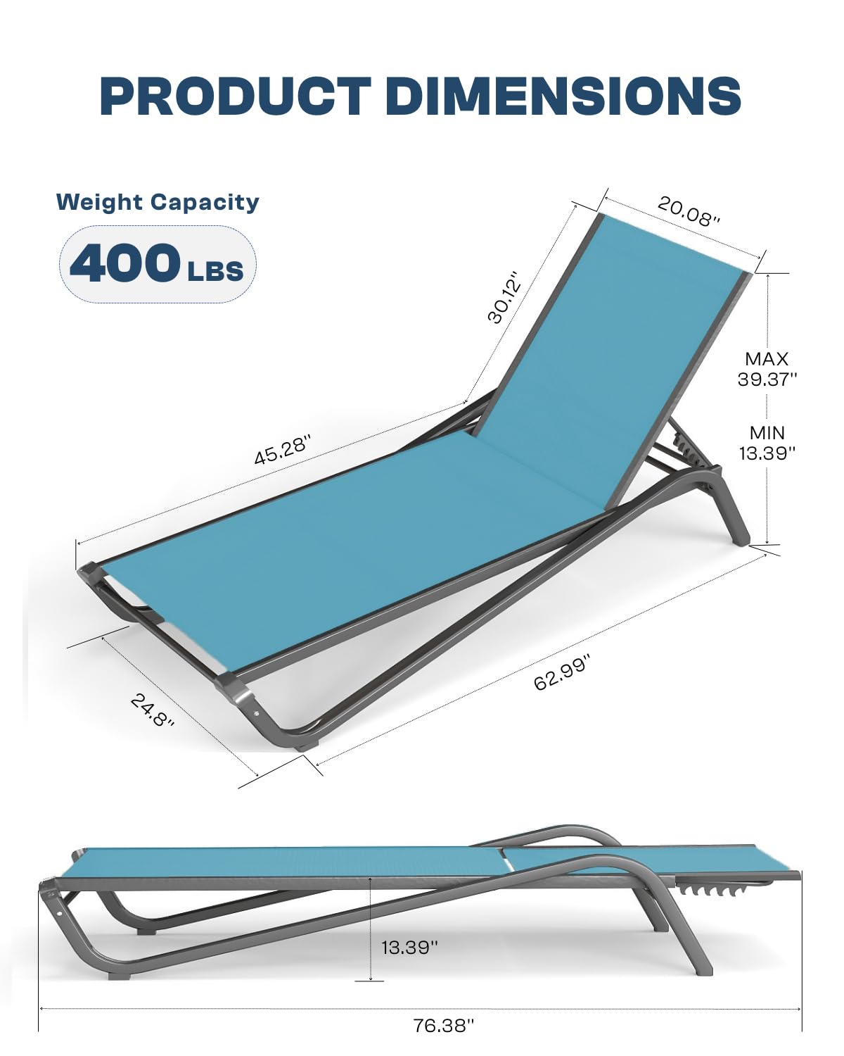 Patio Kingdom 3-Piece Patio Chaise Lounge Set with Side Table, Set of 2 Adjustable Pool Chairs and Aluminum Bistro Table, All-Weather Outdoor Furniture for Pool Deck, Patio & Tanning, Sky Blue