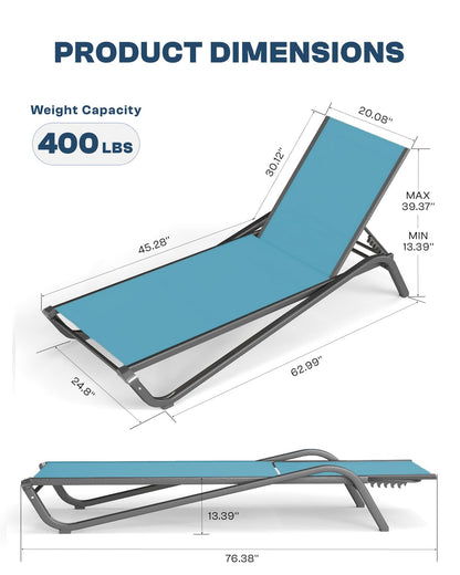 Patio Kingdom 3-Piece Patio Chaise Lounge Set with Side Table, Set of 2 Adjustable Pool Chairs and Aluminum Bistro Table, All-Weather Outdoor Furniture for Pool Deck, Patio & Tanning, Sky Blue