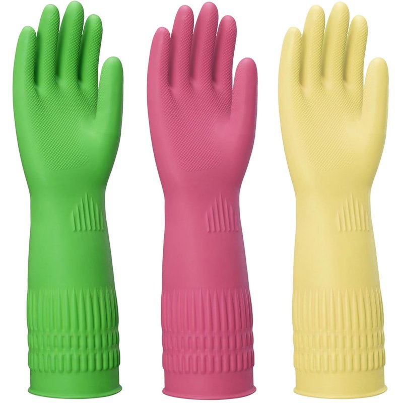 ccebwyny Rubber Gloves for Cleaning – 3 Pairs Reusable Gloves for Dishwashing, Kitchen and Household Tasks, 15-Inch Long (Regular Style, Large (Fits Medium Hands))