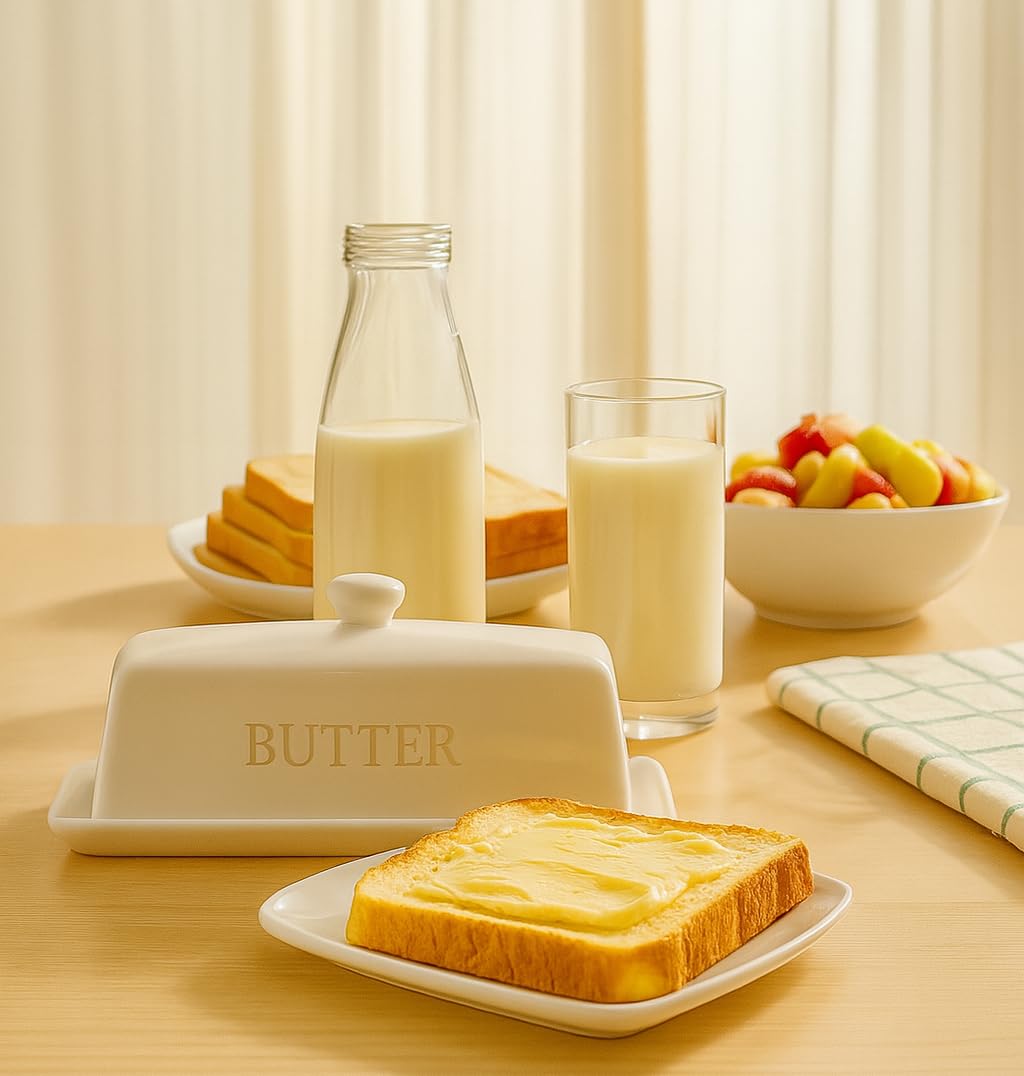 Butter Dish with Lid,WERTIOO Butter Dish With Lid for Countertop,7.6" x 3.3" Butter Tray,Butter Holder for 1 Stick.Textured Tray Butter Keeper for Non Slip Storage,Ceramic - White