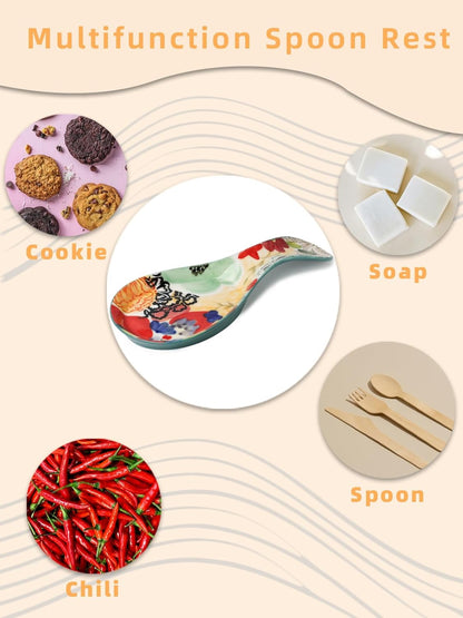 Colorful Hand Painted Spoon Rest, Ceramic Large Spoon Holder for Kitchen Counter, Dishwasher Safe, Multicolor (1 Pack)