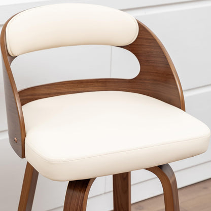 Mid Century Modern Counter Height Bar Stools Set of 2, 360° Swivel Counter Stools with Bentwood Walnut Frame, Upholstered Faux Leather Seat, Curved Back Kitchen Island Chairs, 25" Seat Height, Beige