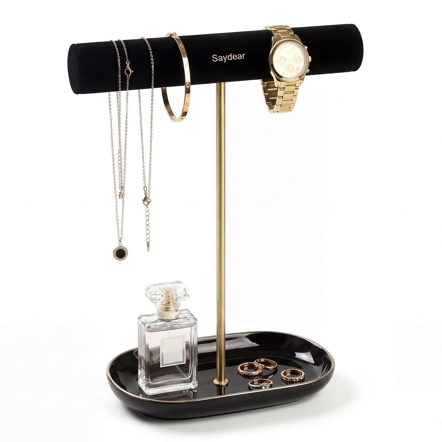 Saydear Velvet Jewelry Organizer Stand, T-Bar Necklace Holder with Ceramic Ring Dish Tray, Watch & Bracelet Display Organizer for Vanity, Dresser, Nightstand, Luxury Gift for Women Black