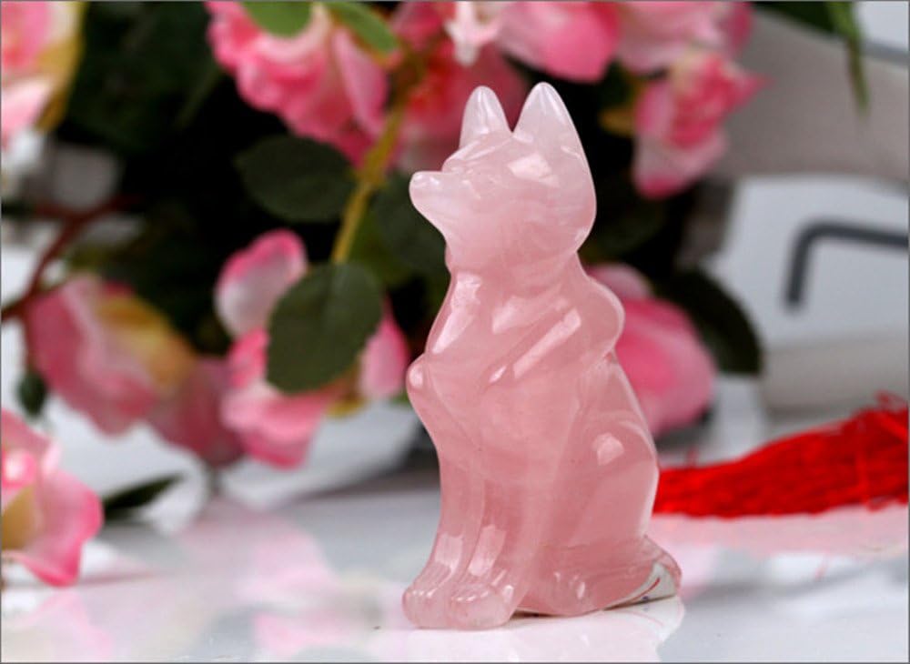 AITELEI Natural Hand Carved Pink Rose Quartz Fox Statue Charm for Good Luck, Grounding Stone Protection Decor