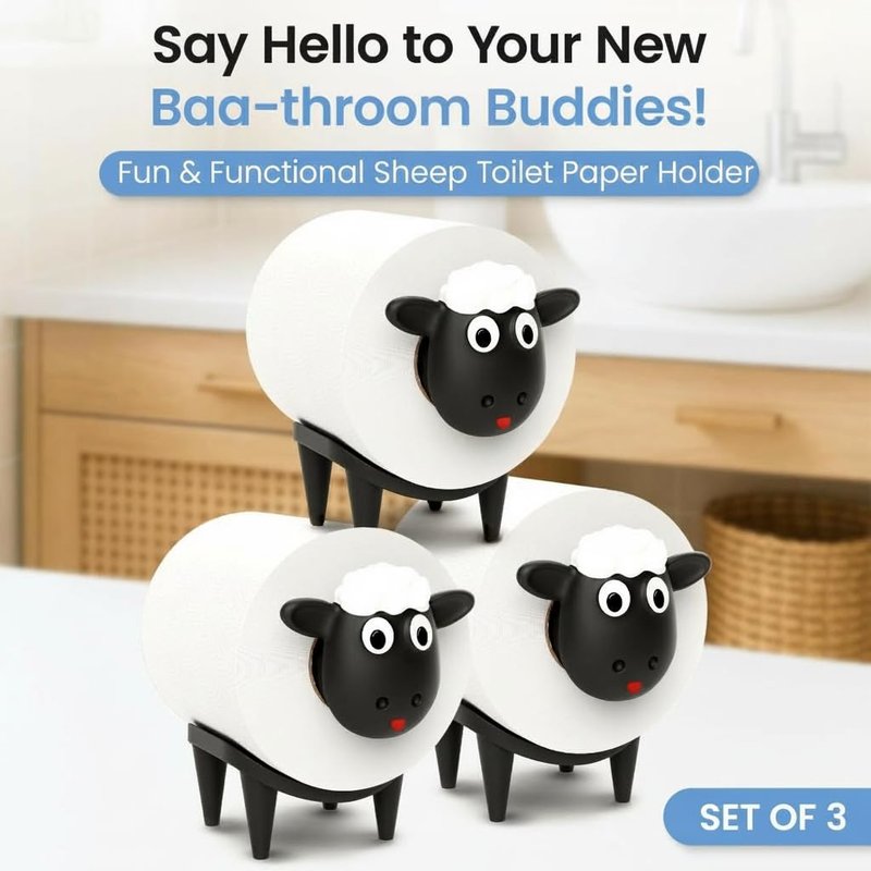 Sheep Toilet Paper Holder 3-Pack, Black Sheep Funny Bathroom Decor, Free Standing Cute Animal Holder, Stylishly Store Extra Toilet Paper, Modern Farmhouse Decor, No Assembly, Funny Gifts