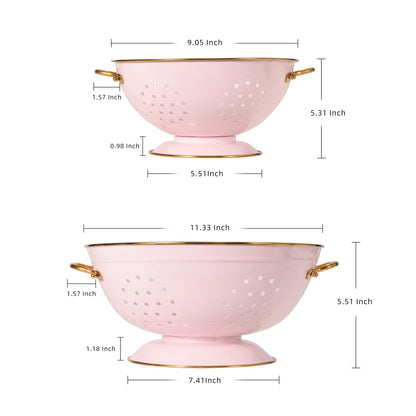 Metal Colander Set of 2, Strainer Basket with Handles 3.5 & 5 Qt Powder Coated Self-draining Solid Ring Base Metal Large Kitchen Colander Bowel for Pasta Vegetable Fruit (PINK)