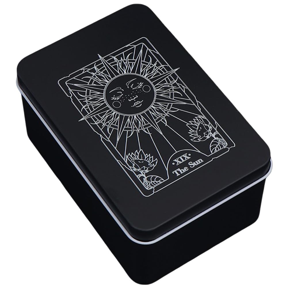 CREATCABIN Iron Tarot Cards Storage Box Tarot Card Holder Box Black Sun Metal Trinkets Case Tin Tarot Card Collection Boxes Deck Cases for Jewelry Fortune Telling Witchcraft Decor 3x5x2Inch
