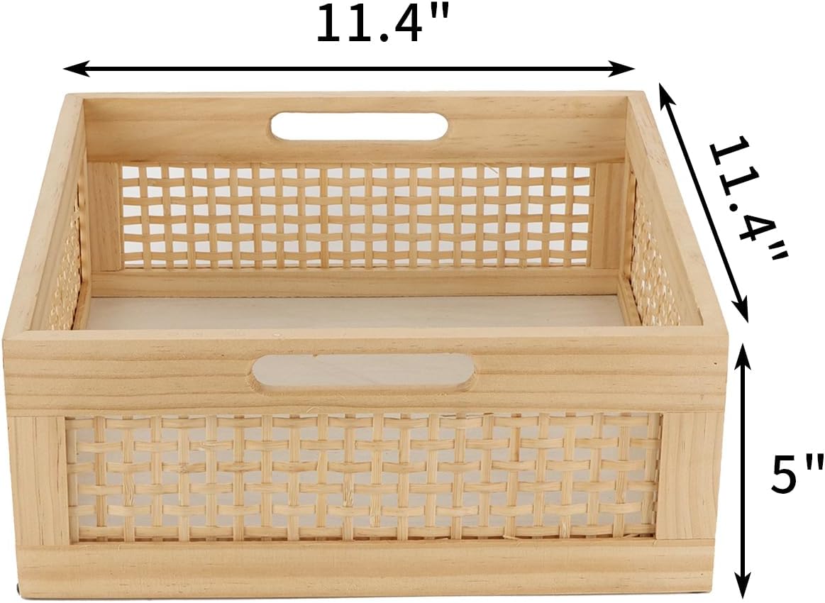 YRMT Wood Storage Crate Basket - Rustic Wooden Container for Organizing, Decorative Bamboo Box with Handles 11.4" x