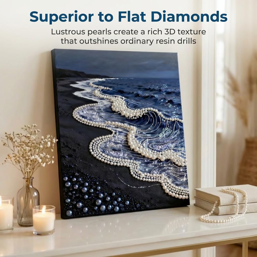 vhemo DIY 3D Pearl Painting Kit with Wooden Frame - Upgraded Diamond Art Kits for Adults, Ready to Hang Gem Painting, Relaxing Paint by Numbers, Creative Mosaic Craft (Serene Beach)