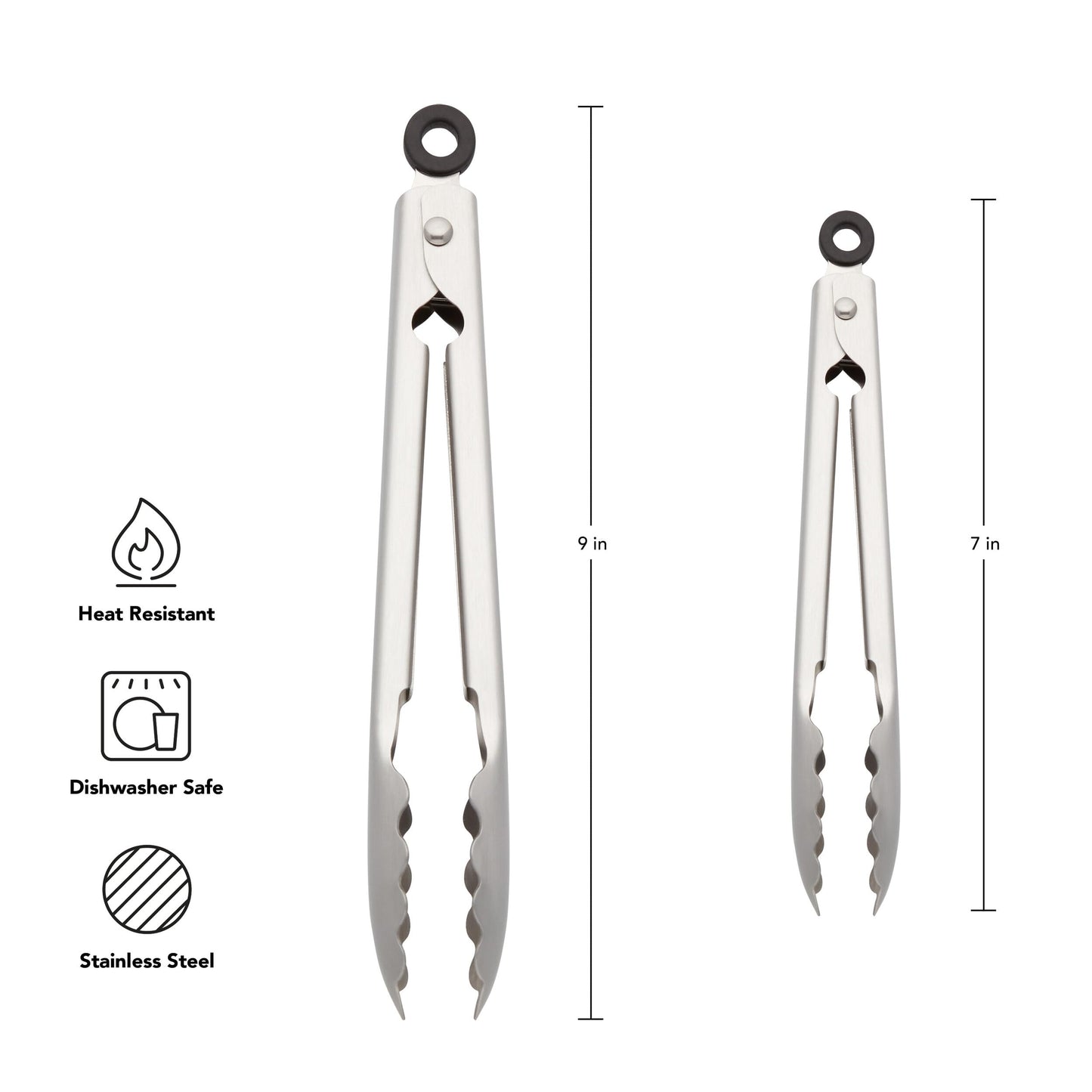 KitchenAid Set of 2 Stainless Steel Tongs with Scalloped Edges Easy Lock Dishwasher Safe Durable and Versatile 7 Inch and 9 Inch Silver