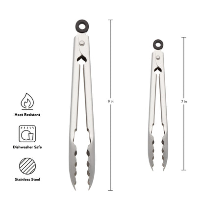 KitchenAid Set of 2 Stainless Steel Tongs with Scalloped Edges Easy Lock Dishwasher Safe Durable and Versatile 7 Inch and 9 Inch Silver