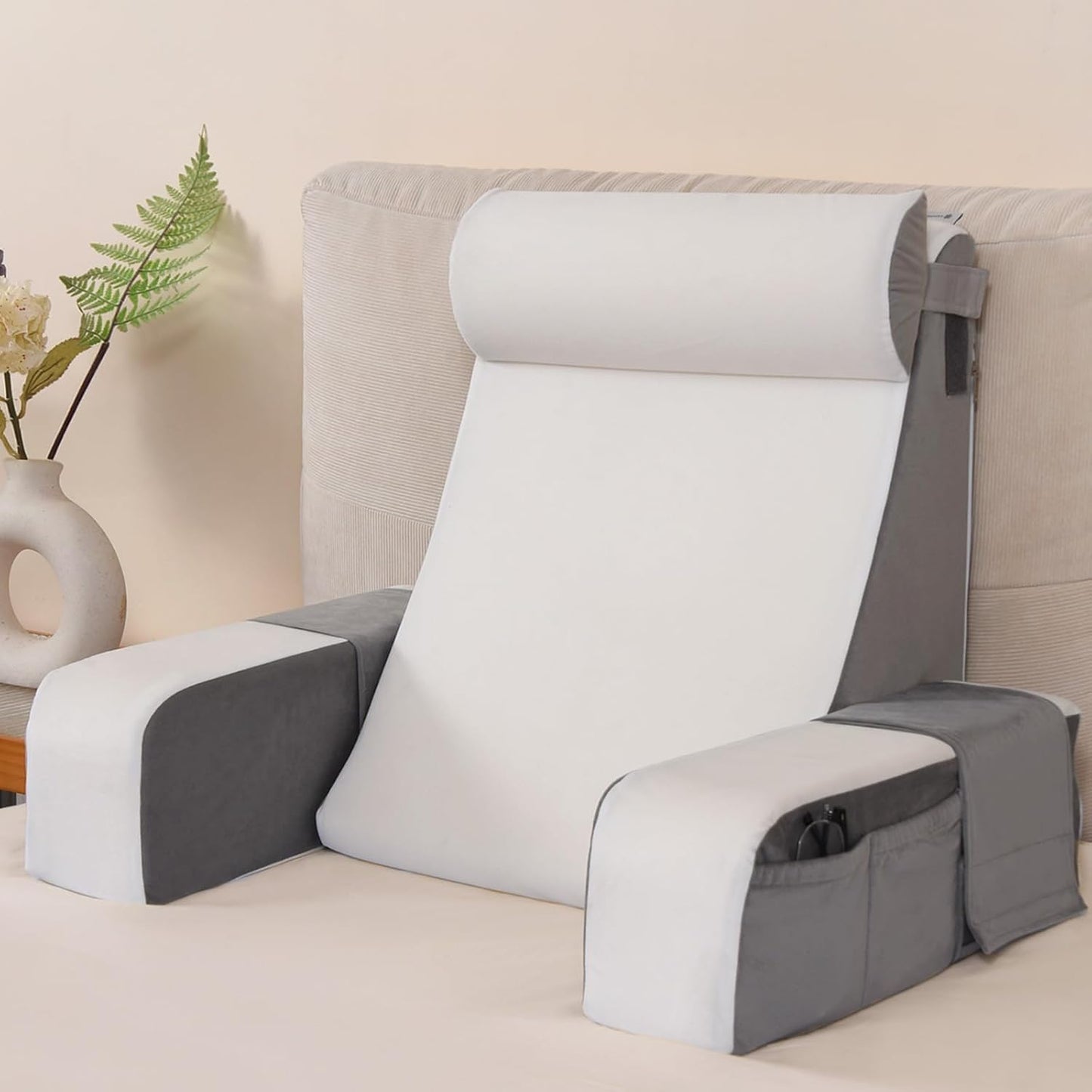 21" 60 Vekkia Reading Pillow for Sitting in Bed Ergonomic Wedge Back Pillow, XL Side Pockets, Support Chair for TV