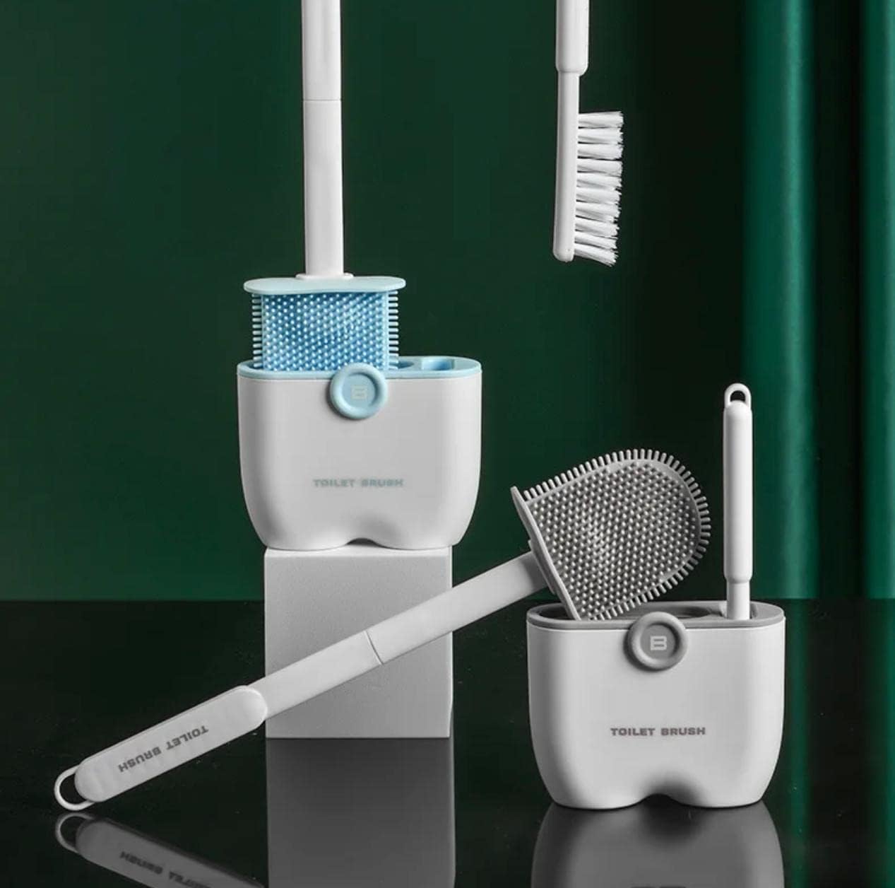 Toilet Bowl Brush and Holder Set with 2 Types of Brushes, Rubber & Silicone, Wall Mount Holder, Gray