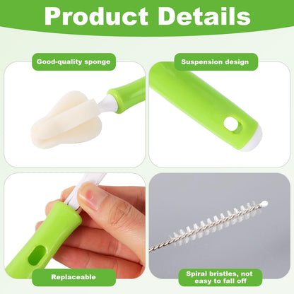 16pcs Sponge Nipple Bottle Brushes Set, Includes 6 Bottle Nipple Cleaners Washer Scrubber with 6 Replacement Brush Heads & 4 Straw Brushes for Cleaning Baby Food Feeders Cups Straws
