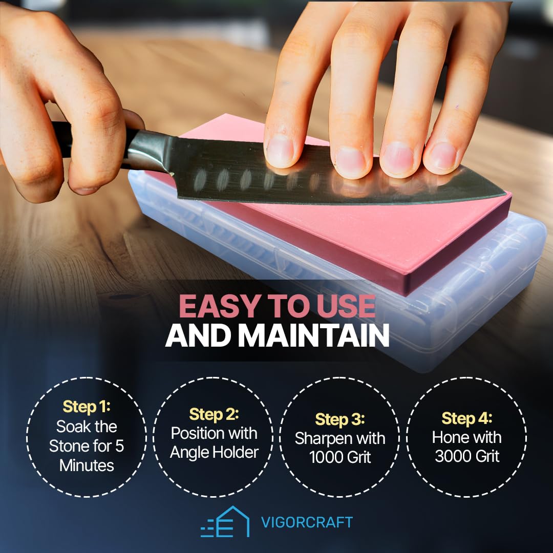 VIGORCRAFT Japanese Whetstone Set - Premium Knife Sharpening Stone Kit - 1000 and 3000 Grit Professional Sharpener Stones with Angle Holder and Plastic Base