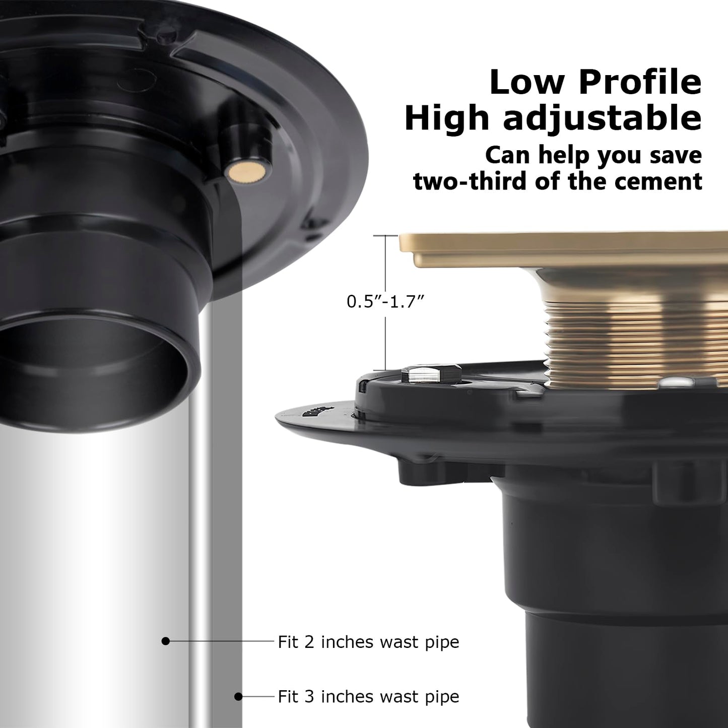 Uni-Green Champagne Bronze Shower Drain 4-1/4 Inch - Square Gold Shower Drain Kit with ABS Flange for 2" or 3" Pipe - Low Profile 304 Stainless Steel Shower Floor Drain Kit with Hair Carcher