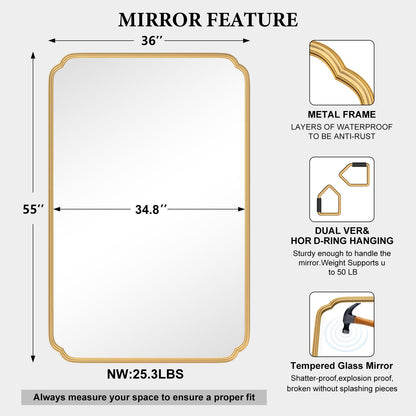 Ferytange 55X36 Inch Gold Metal Framed Bathroom Mirror for Wall, Large Rounded Rectangle Bathroom Vanity Mirror Farmhouse, Anti-Rust, Tempered Glass, Hangs Horizontally or Vertically