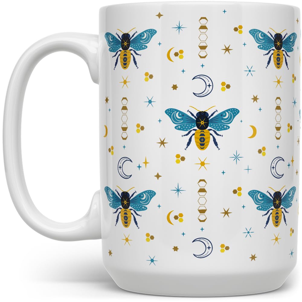 Celestial Bee Pattern Ceramic Coffee Mug, Honeycomb Moon Stars Tea Cup, Gift for Women Friend