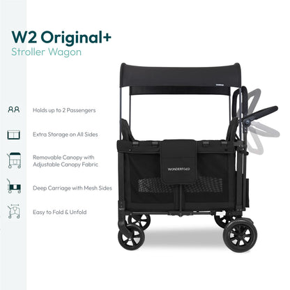 WonderFold W2 Stroller Wagon - Foldable Wagon with Steel Frame - Canopy & Adjustable Push Handle - All-Terrain Wheels - for Babies, Toddlers & Kids - 2 Seater - Black