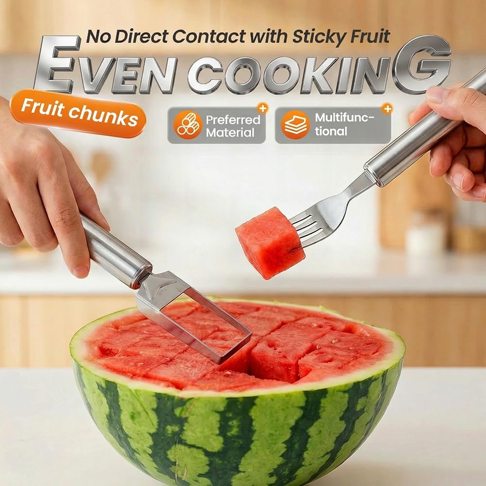 2-in-1 Stainless Steel Fruit Cutter, 2026 New Watermelon Fork Slicer Tool, Watermelon Slicer and Fork, Dual Head Fruit Forks for Home, Kitchen Fruit Cubes (1, Style-A)