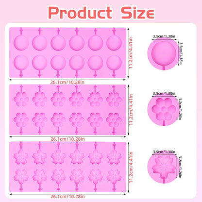 5Pcs Silicone Lollipop Molds Kit, YUX-DTDSU 8 & 12 Holes Hard Candy Molds, Non-Stick Sucker Mold for Making Chocolate, Candy, Cookie, Flower Mold with 100Pcs Lollypop Sticks, Gold Ties, Treat Bags