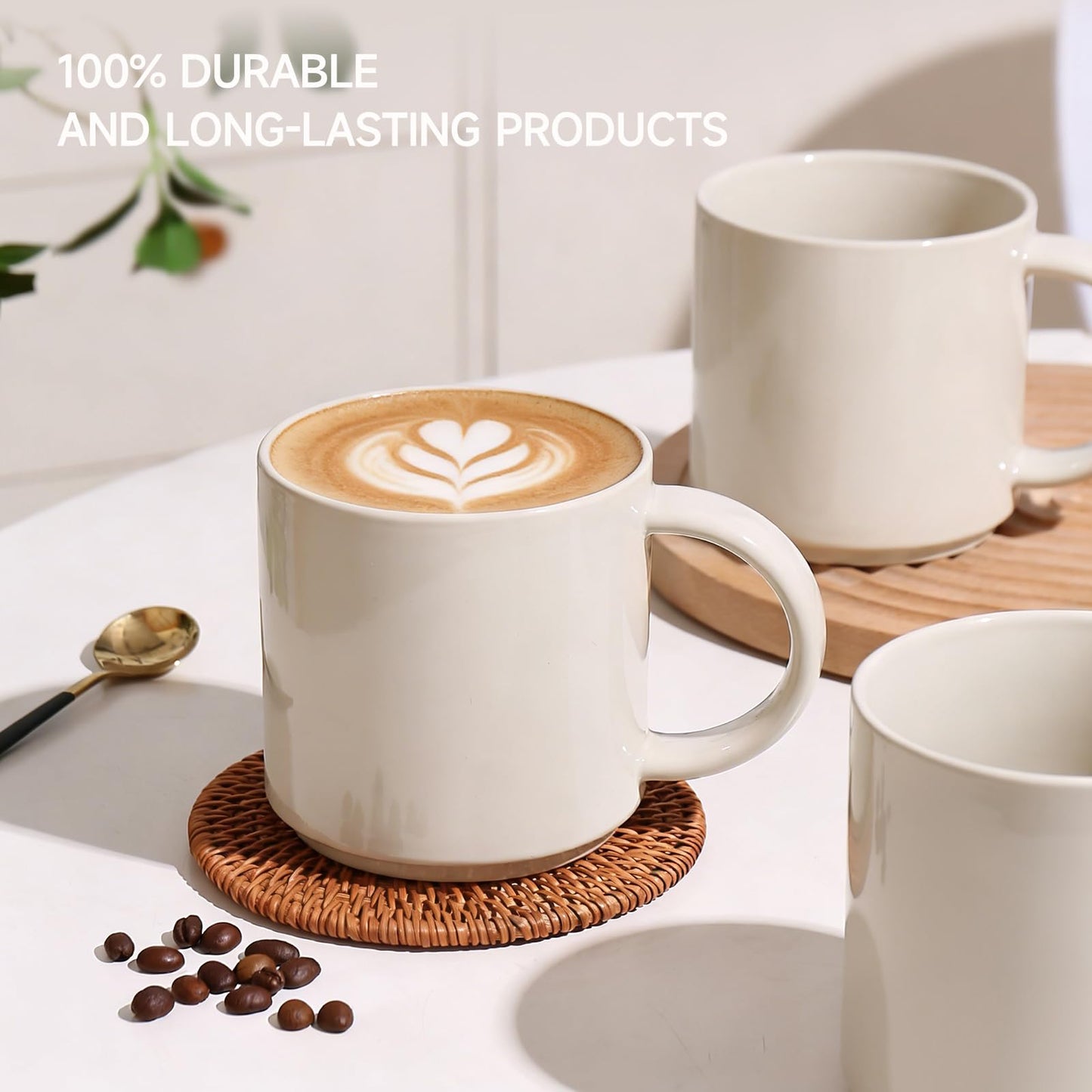 ALOFMO Coffee Mugs Set of 4, Stoneware Coffee Cups with Comfortable Handle, 16oz Ceramic Mugs for Kitchen & Office, Dishwasher & Microwave Safe - Creamy White