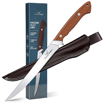 TAN REN Fillet Knife for Fish 9 Inch, Professional Stainless Steel Fishing Knives with Sheath for Filleting and Cleaning, Full Tang Filet Knife for Meat with Ergonomic Wood Handle, Father's Day Gift