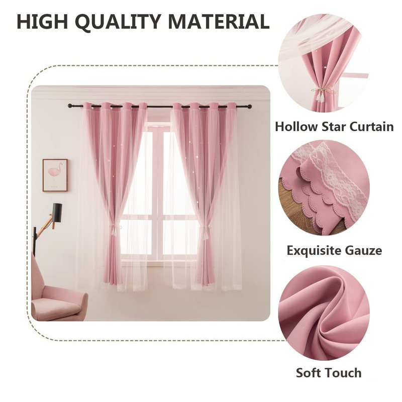 LUGOTAL Pink Curtains for Girls Bedroom Kids Baby Room Decor Cute Double Layer Star Cutout Curtains Room Darkening Window Curtain for Nursery (Pink, 42W x 84L,2 Panels)