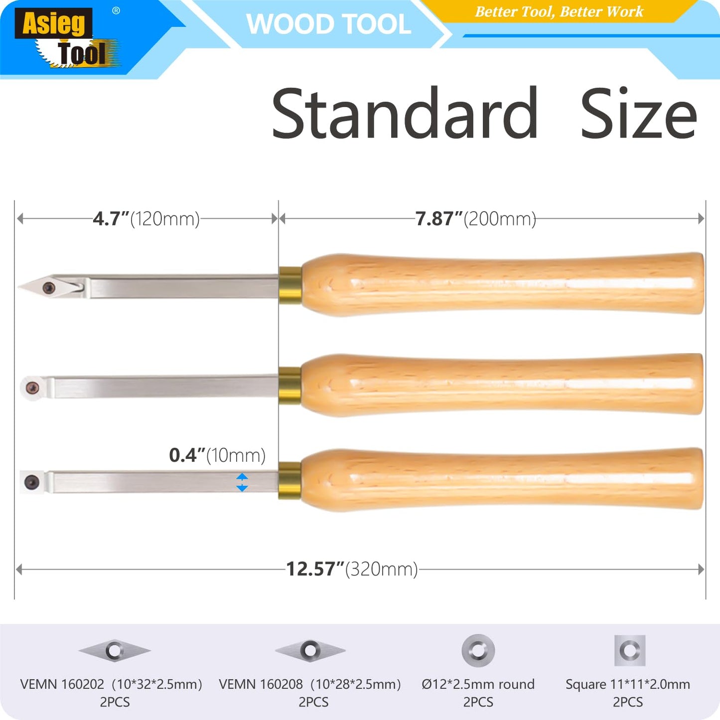 Mini Carbide Tipped Wood Lathe Turning tools Combo set Rougher Detailer Finisher with Wood Handle and Diamond Round Square Carbide Inserts，3pcs