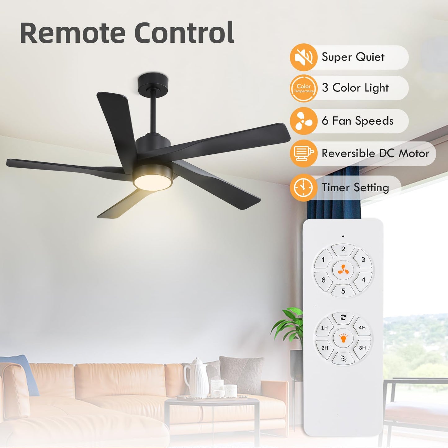 WINGBO 64" ABS DC Ceiling Fan with Lights, 5 Blade ABS Plastic Ceiling Fan with Remote, 6-Speed Reversible DC Motor, LED Ceiling Fans for Kitchen Bedroom Living Room, Matte Black