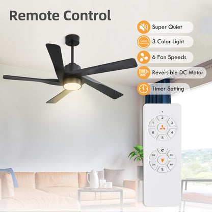 WINGBO 64" ABS DC Ceiling Fan with Lights, 5 Blade ABS Plastic Ceiling Fan with Remote, 6-Speed Reversible DC Motor, LED Ceiling Fans for Kitchen Bedroom Living Room, Matte Black