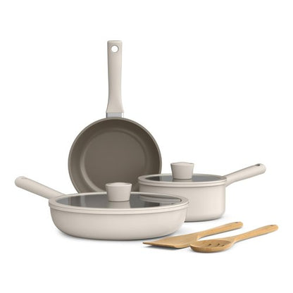 bella 7 Piece Cookware Set with EverGood™ Ceramic Nonstick Coating, Dishwasher Safe Oven Safe, All Stovetops Compatible, Glass Lids with Silicone Rims, Cool Touch Handles, Oatmilk