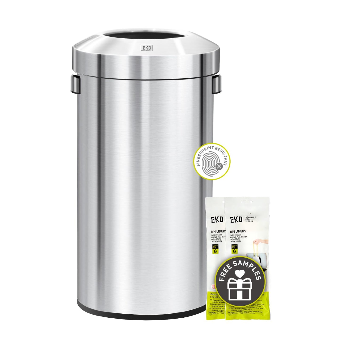 EKO Urban 24 Gallon Round Stainless Steel Open Top Waste Bin, Tall Commercial Trash Can for Indoor/Outdoor, Extra Large Metal Garbage Bin for Office, Restaurant, Restroom, 90L