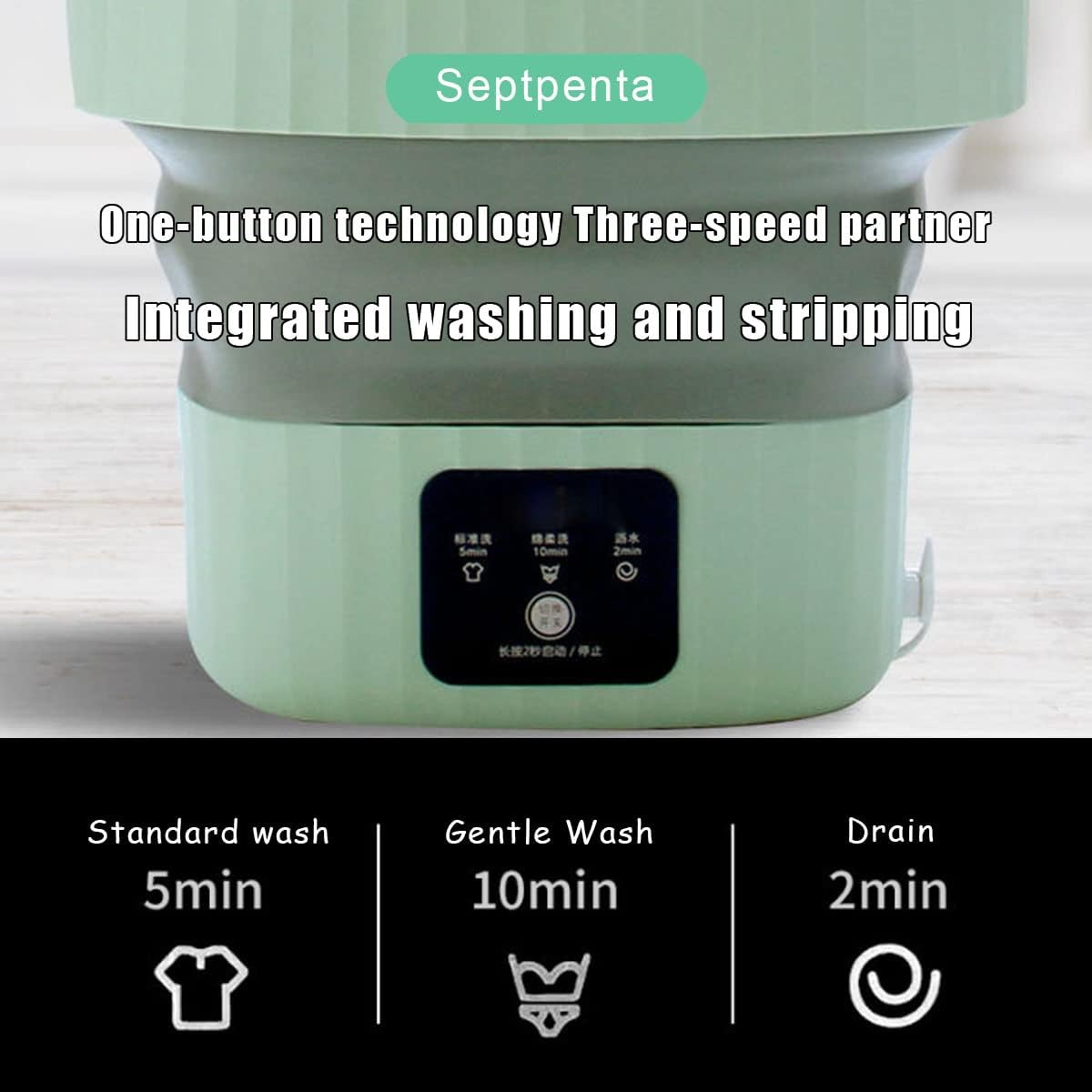 Septpenta 6L Portable Mini Washing Machine with Drain Valve, Foldable Design for Travel, Camping, Baby (Green)