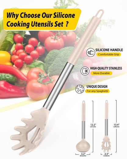 Silicone Pasta Fork and Ladle Spoon Set, Large Non Stick Kitchen Utensils for Cooking,Stirring,Serving Spaghetti, Soup, Sauce (KHAKI)