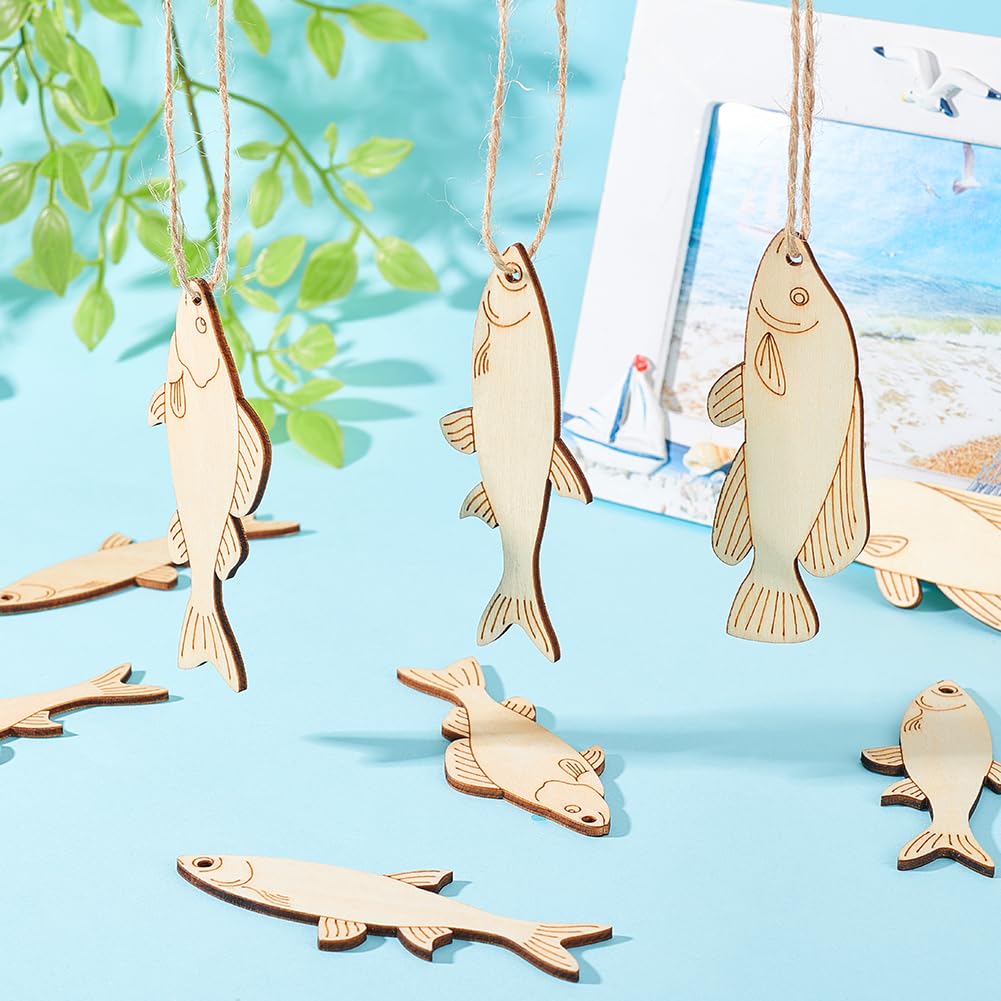 AHANDMAKER 3 Styles 30Pcs Wooden Fish Cutouts, Fish Shape Unfinished Blank Wooden Signs with Hemp Rope, Wood Craft Supplies, Fish Hanging Ornaments for Home Pets Themed Party Decoration DIY Crafts