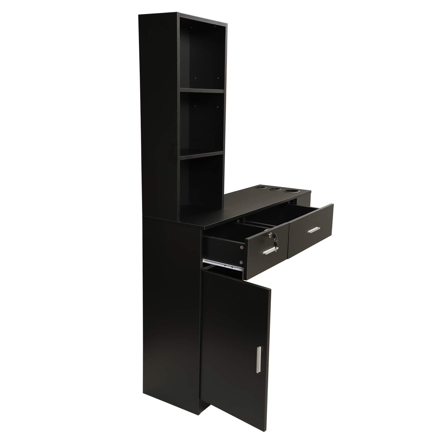 Wall Mount Hair Styling Barber Station Beauty Hair Salon Spa Equipment Set W, 3 Tier Shelf, Lockable Drawer, Black