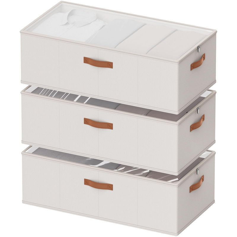 Chizjox 10inch 3 Pack Under Bed Storage Containers, 10 Inch Tall Underbed Clothes Storage Organizer Bin with Clear Window，Foldable Box Basket for Clothes, Closet, Bed Sheets and Blankets White