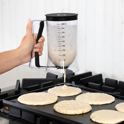 Pancake Batter Dispenser - Kitchen Must Have Tool for Perfect Pancakes, Cupcake, Waffle, Muffin Mix, Cake & Crepe - Easy Pour Baking Supplies for Griddle - Pancake Maker with Measuring Label (Black)