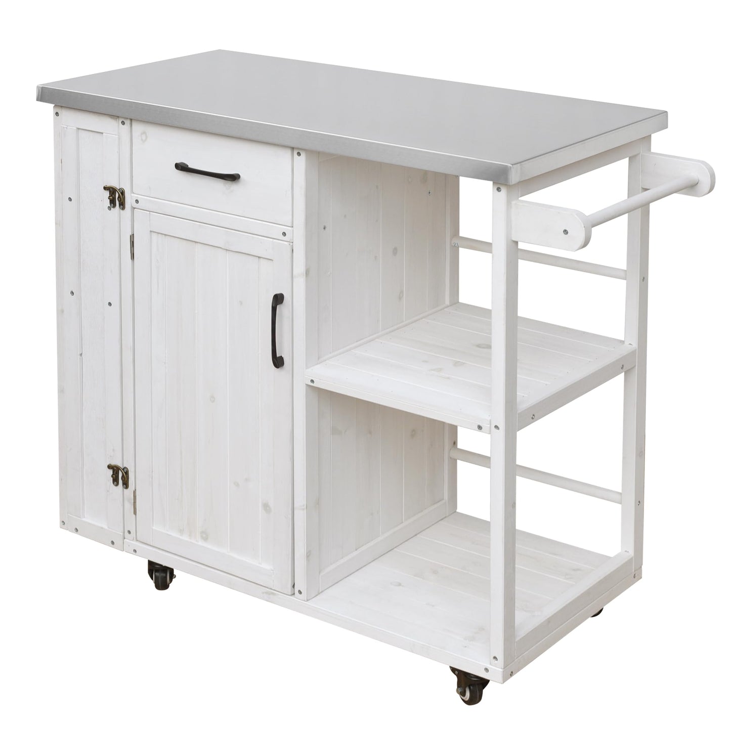 Outdoor Kitchen Island Cart with Stainless Steel Top, Rolling Grill Table with Storage Cabinet Drawer Shelves and Towel Rack, Wooden BBQ Prep Station with Lockable Wheels for Patio Backyard, White
